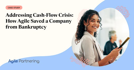 Case study graphic titled “Addressing Cash-Flow Crisis: How Agile Saved a Company from Bankruptcy,” featuring a smiling professional holding a tablet and the Agile Partnering logo.
